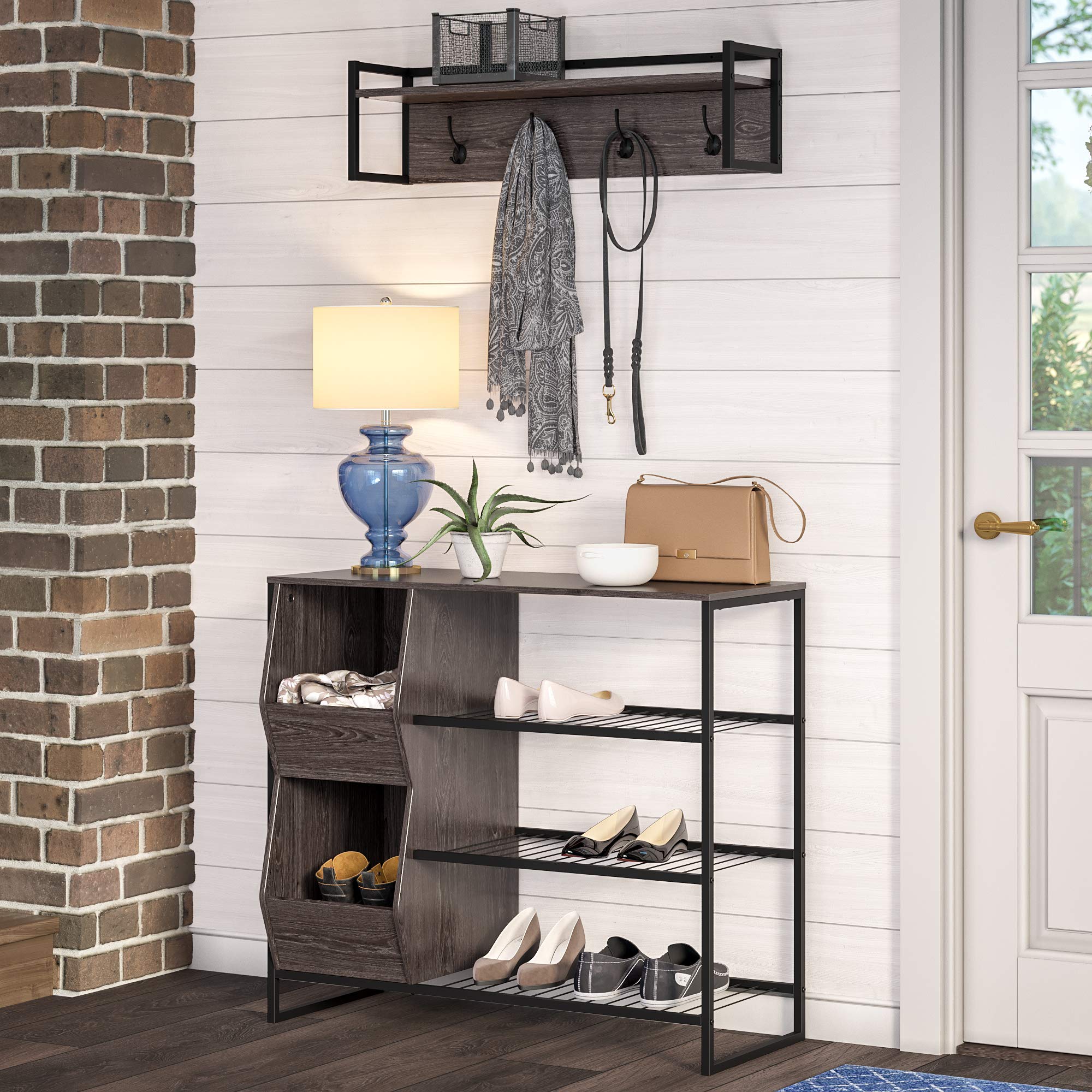 RiverRidge Afton 4-Hook Wall Mount Entryway Organizer Coat Rack Hanger - Weathered Woodgrain and Dark Brown Hooks - Image 7