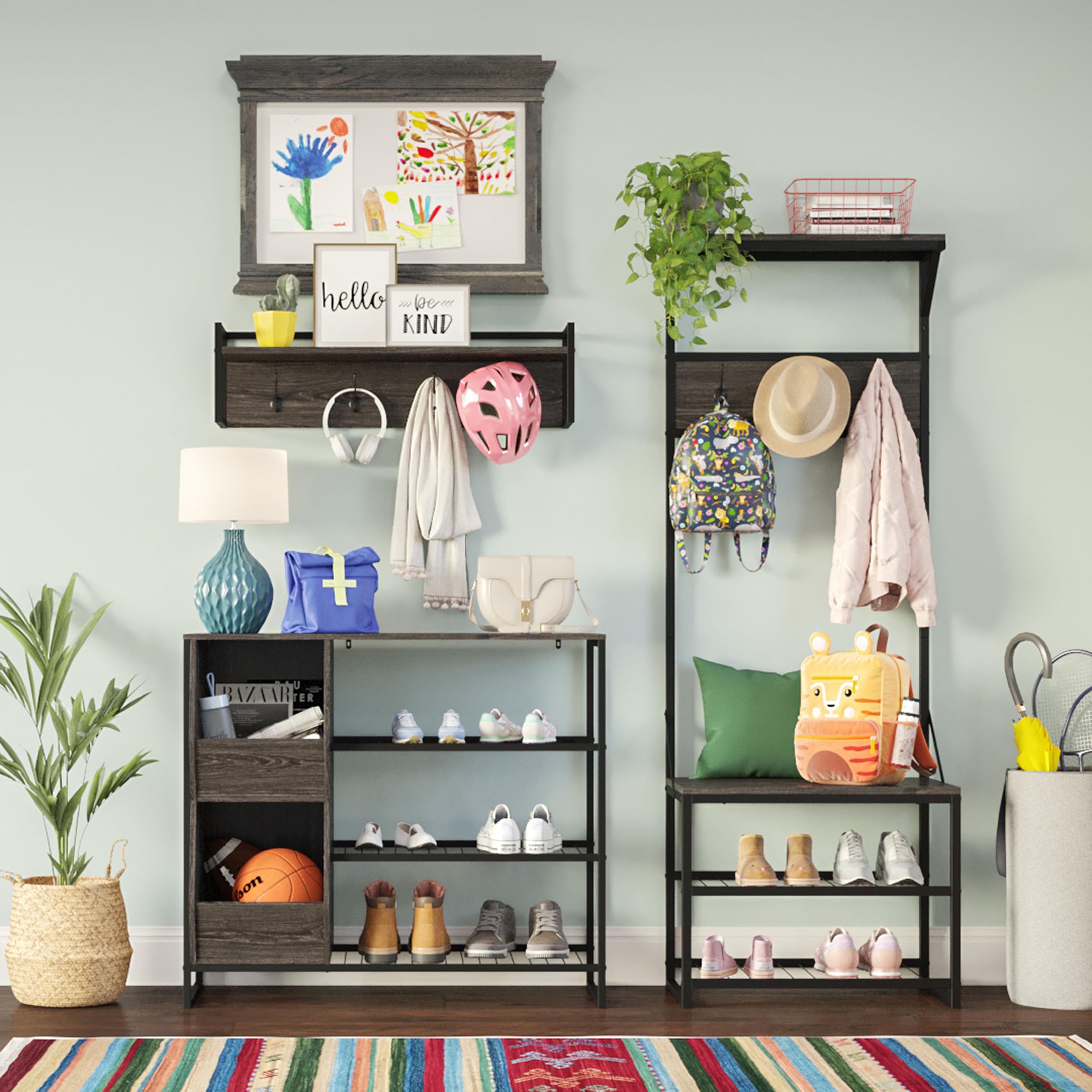 RiverRidge Afton 4-Hook Wall Mount Entryway Organizer Coat Rack Hanger - Weathered Woodgrain and Dark Brown Hooks - Image 9