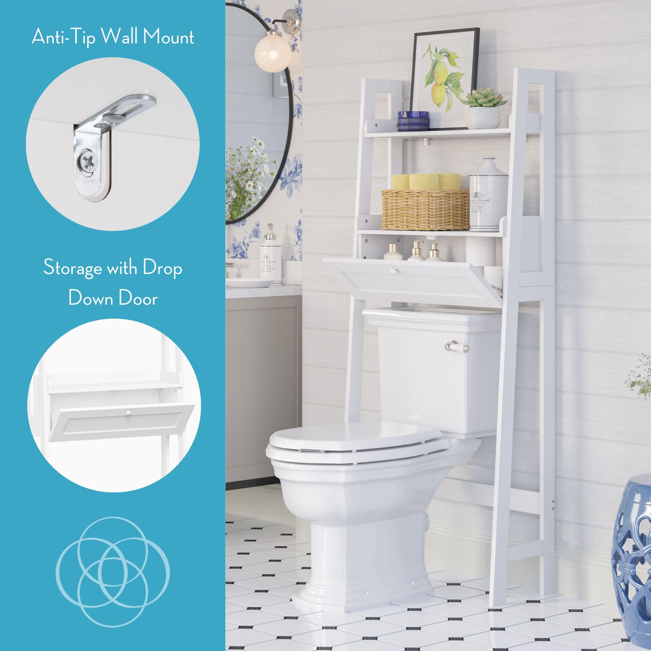 RiverRidge Amery Wall Shelf Over-The-Toilet Storage - 3-Tier Wall Mounted Shelf with Open Shelves and Drop-Down Compartment - White Bathroom Organizer for Toiletries, Linens, and Décor - Image 6