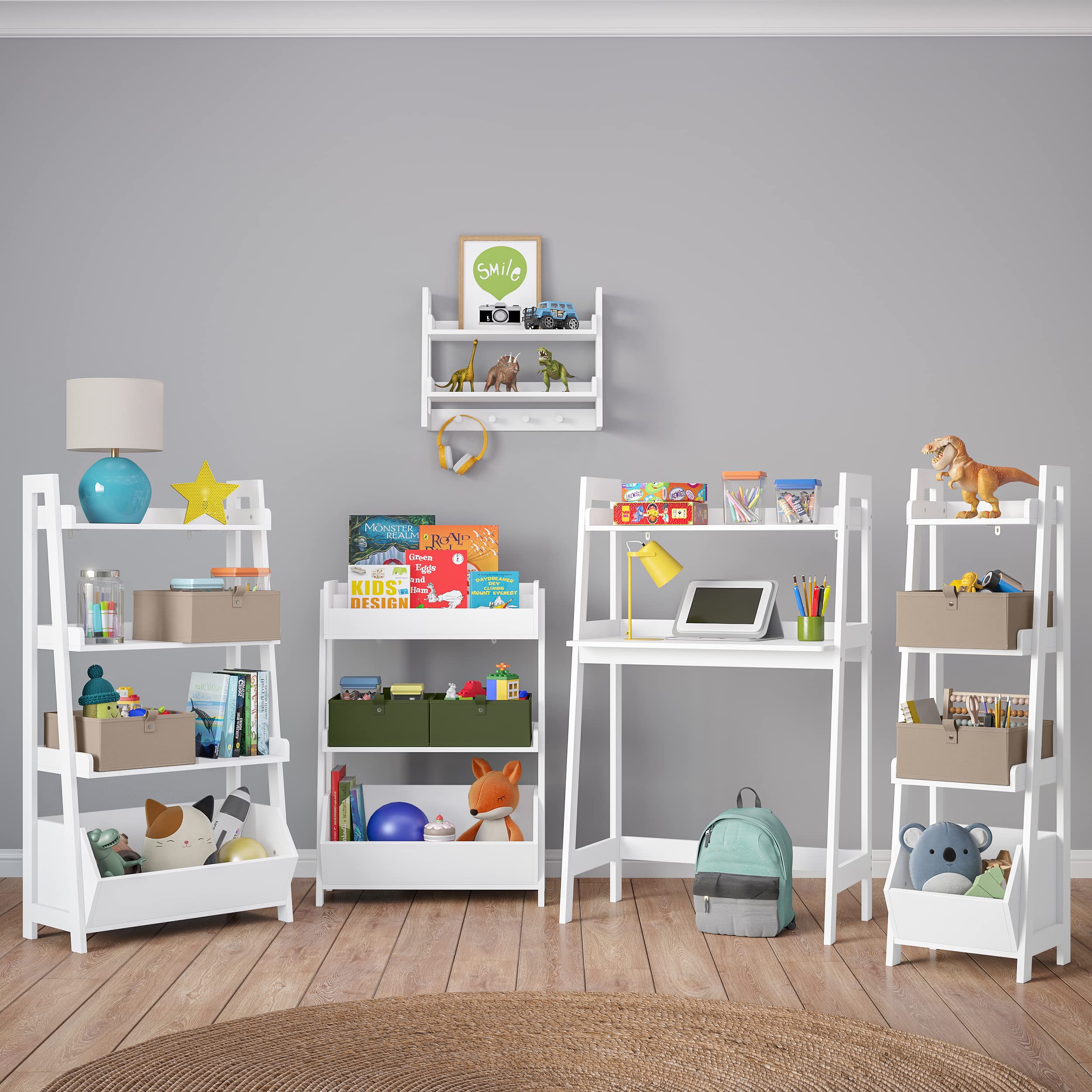 RiverRidge Kids 2-Tier Ladder Shelf with Hooks - White Wall Organizer for Playrooms - Open Shelves for Decor & Storage - Coat Hooks & Wall Hooks for Bags & Accessories - Image 4