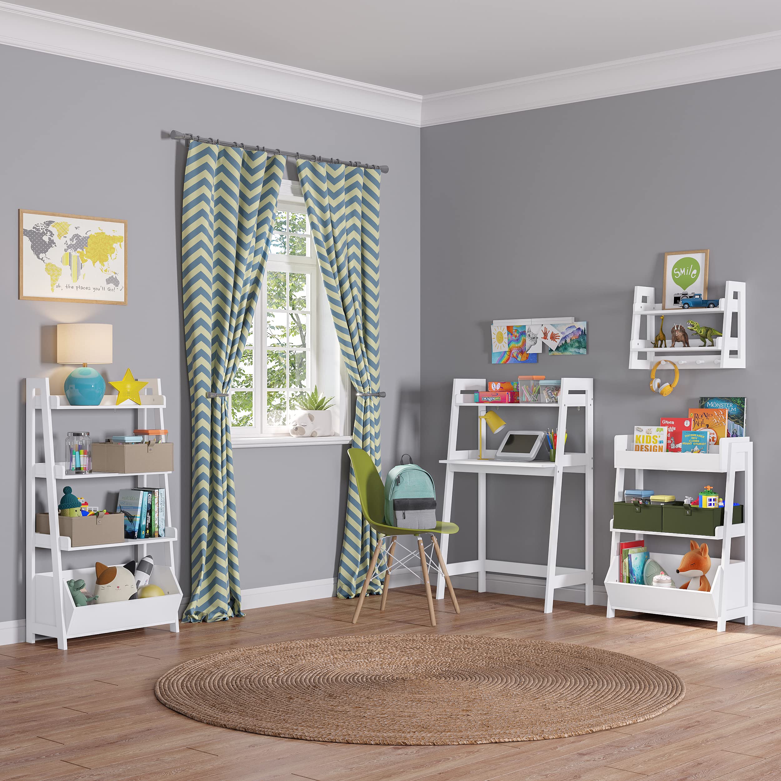 RiverRidge Kids 2-Tier Ladder Shelf with Hooks - White Wall Organizer for Playrooms - Open Shelves for Decor & Storage - Coat Hooks & Wall Hooks for Bags & Accessories - Image 8