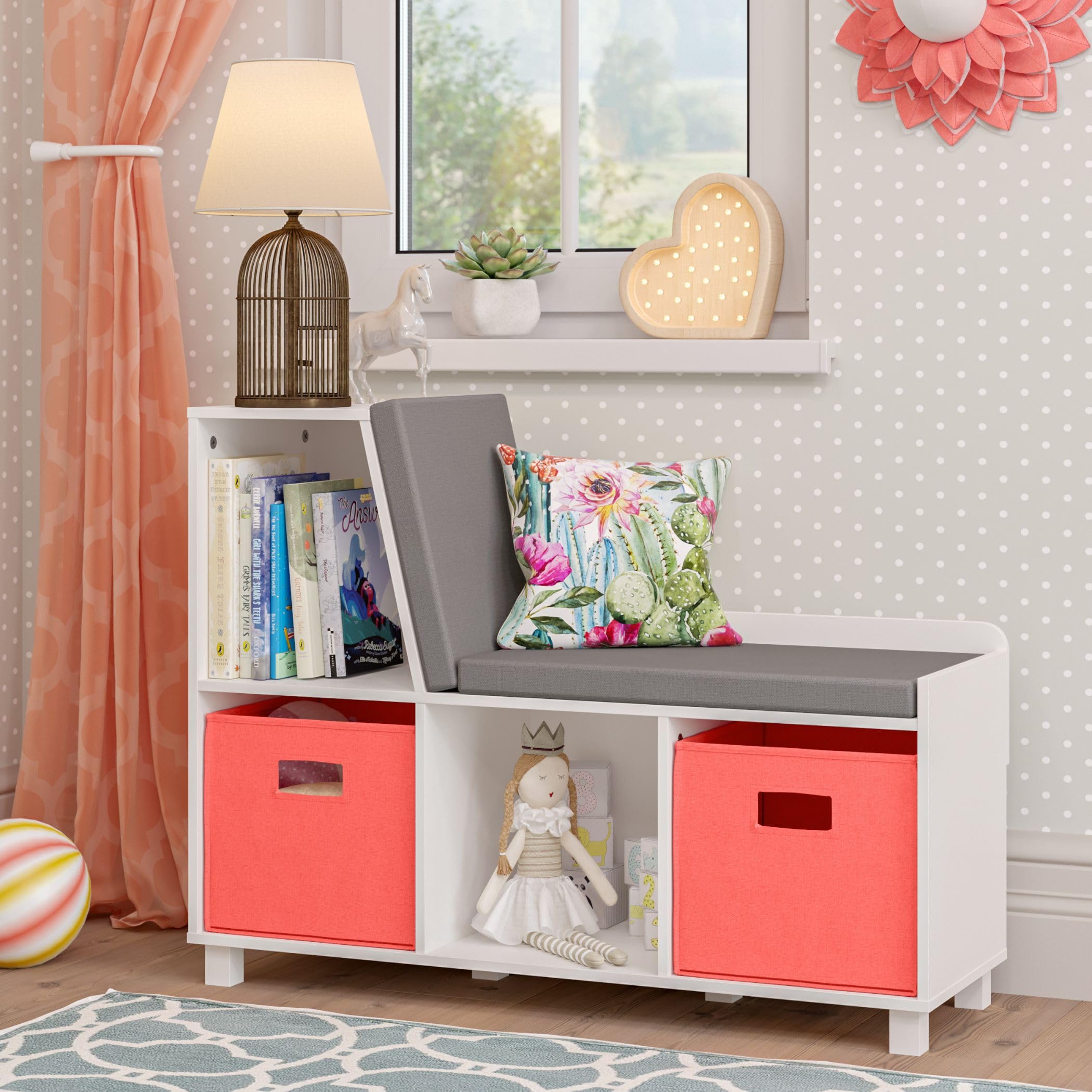 RiverRidge Kids Reading Nook and White Cubby Storage Bench with Comfy Cushioned Seat and Cubbies Toy Organizer, White - Image 7