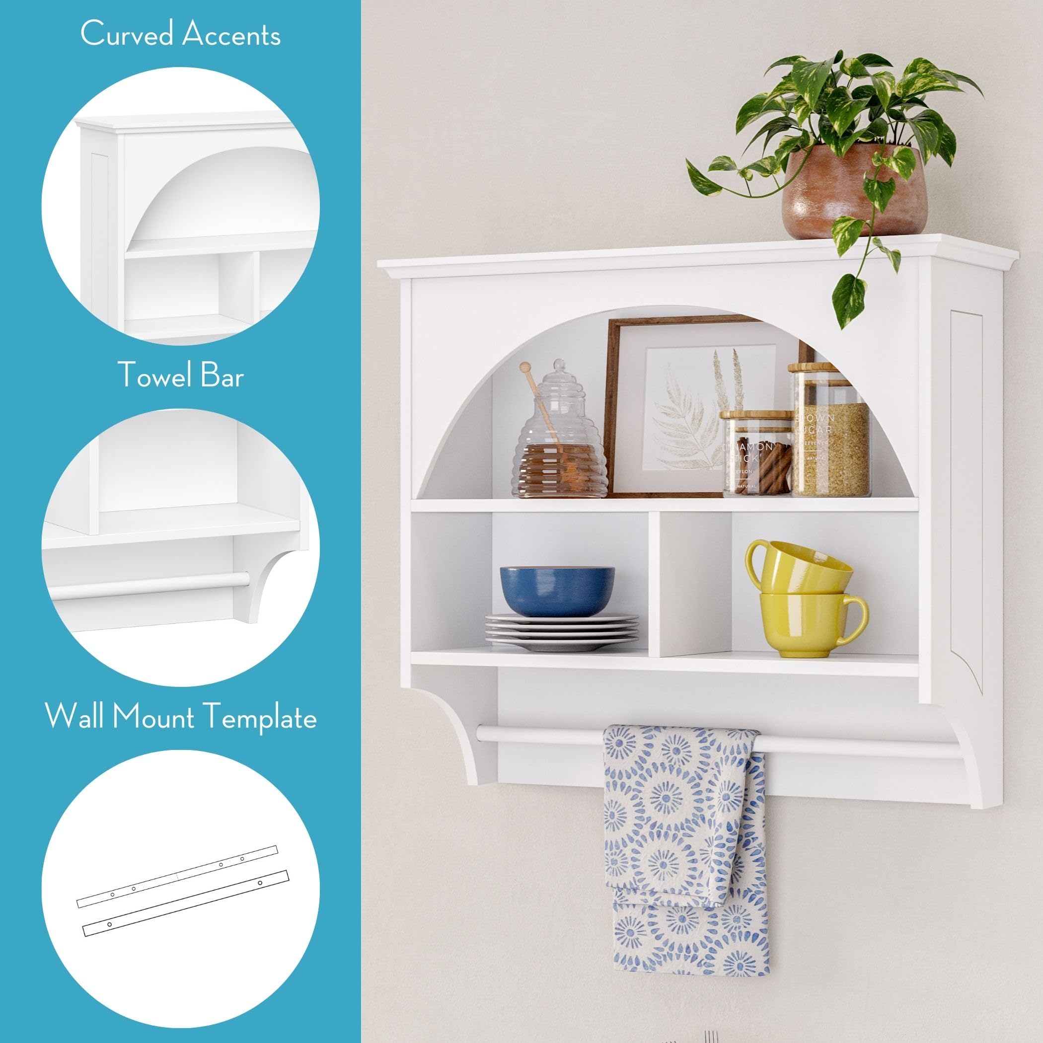 RiverRidge Kitchen Wall Cabinet with Arched Design & Towel Bar - Wall Mounted Storage Cabinet with Display Shelf & Dual Cubbies Kitchen Organization Solution - Image 6