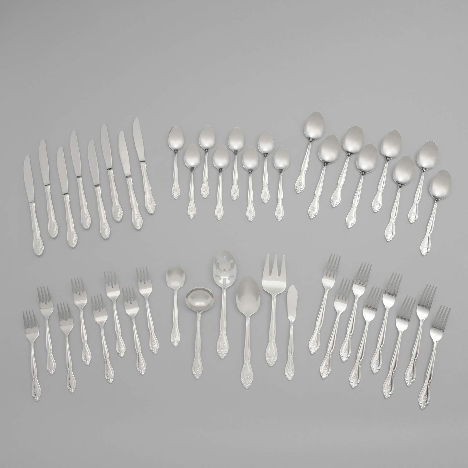 RiverRidge Rose Monogrammed Flatware Set 46 Piece Silverware - B - Utensils Set with Serving Pieces, Heavy Gauge Stainless Steel, Mirror Finish, Dishwasher Safe Cutlery for Daily Use - Image 3