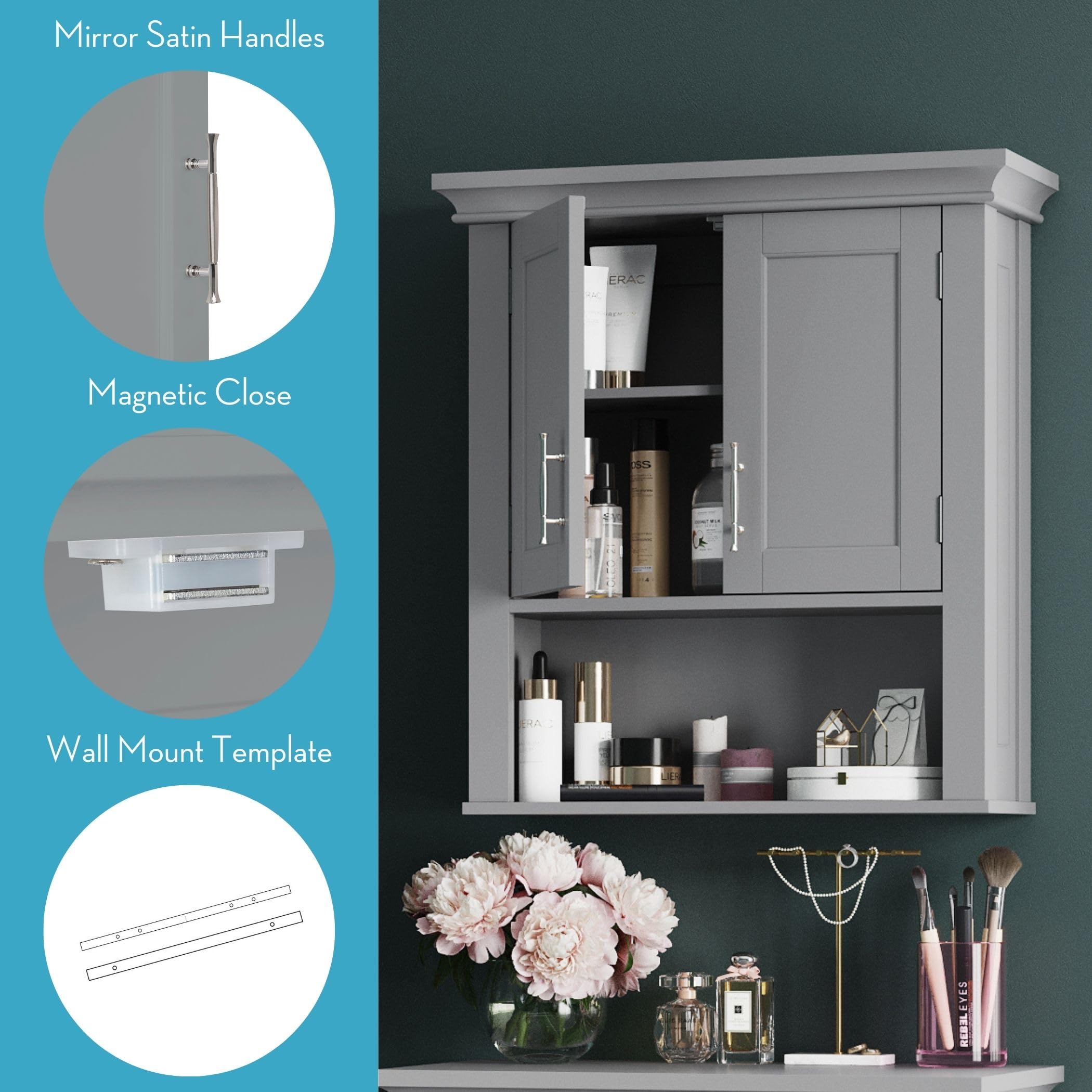 RiverRidge Somerset Two-Door Bathroom Storage, Gray Wall Cabinet, Grey, Set 1 - Image 6